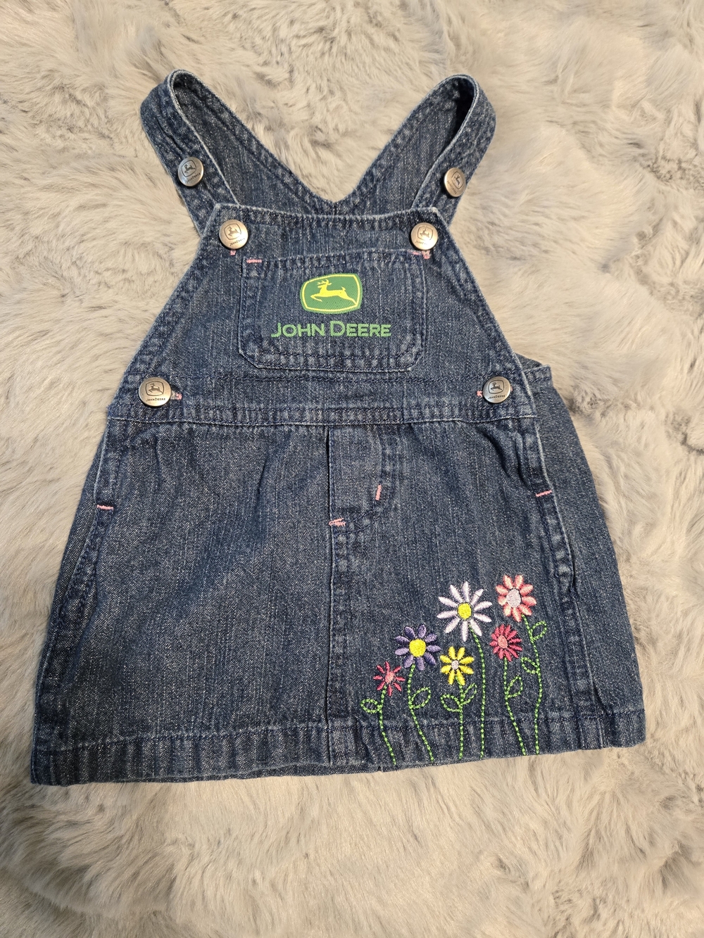 John Deere Embroidered Floral Denim Jumper Overall Dress 3/6M